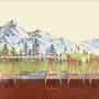Papier peint panoramique paysage montagneux au charbon avec lac et pins