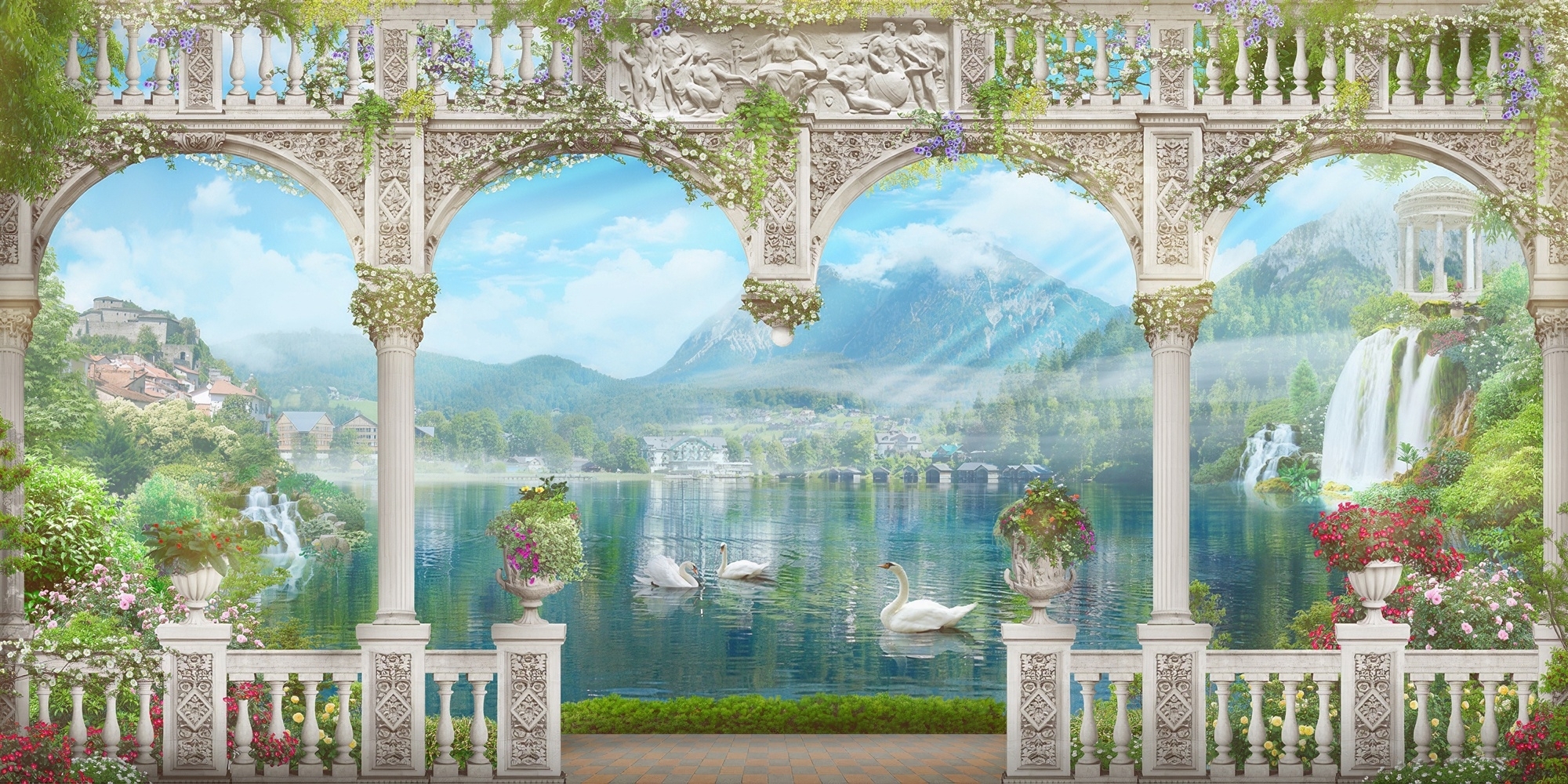 Fototapete mit Seelandschaft am Schwan und europäischen weißen Bögen