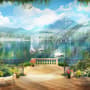 Waterfall and White Swan with Garden Flowers Landscape Wallpaper Mural