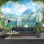 Waterfall and White Swan with Garden Flowers Landscape Wallpaper Mural