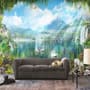 Waterfall and White Swan with Garden Flowers Landscape Wallpaper Mural