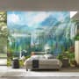 Waterfall and White Swan with Garden Flowers Landscape Wallpaper Mural