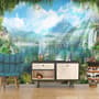 Waterfall and White Swan with Garden Flowers Landscape Wallpaper Mural