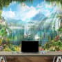 Waterfall and White Swan with Garden Flowers Landscape Wallpaper Mural