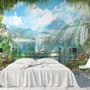Waterfall and White Swan with Garden Flowers Landscape Wallpaper Mural