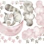 Niedliches Wandtattoo für das Kinderzimmer: Waschbär und Aquarell-Pink-Graue Sterne