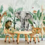 Kids Tropical Safari Animals with Green Leafs Wallpaper Mural