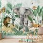 Kids Tropical Safari Animals with Green Leafs Wallpaper Mural