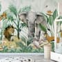 Kids Tropical Safari Animals with Green Leafs Wallpaper Mural
