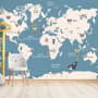 Kids Political World Map with Old Hot Air Balloons Wallpaper Mural