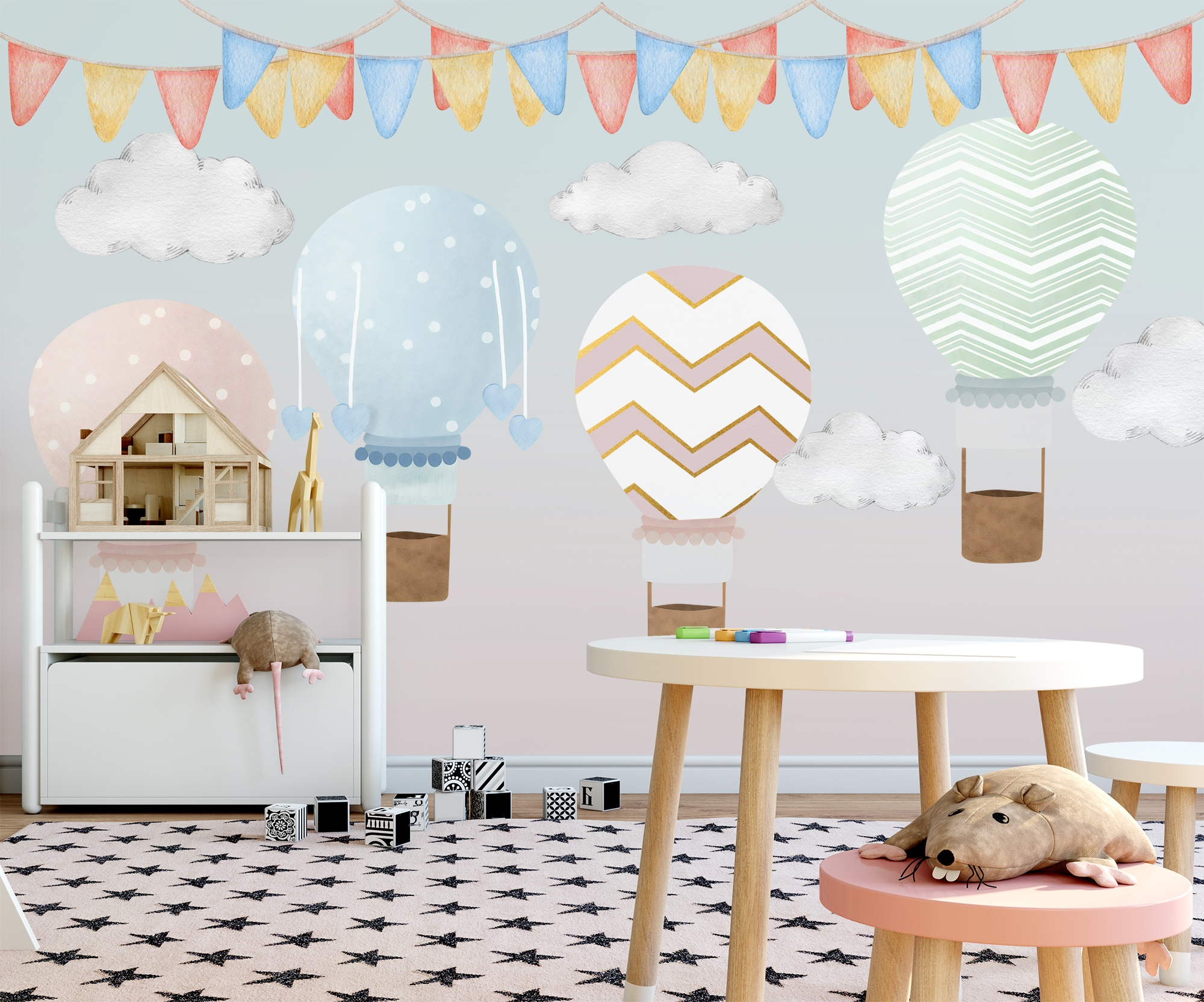 Kids Colorful Hot Air Balloon with Watercolor Flags Wallpaper Mural