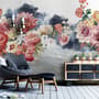 Vintage Red and Pink Blooms Floral on Smoky Background Wallpaper Mural