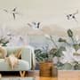 White Lotus Floral and Crane Birds Wallpaper Mural