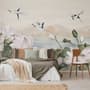 White Lotus Floral and Crane Birds Wallpaper Mural