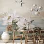 White Lotus Floral and Crane Birds Wallpaper Mural