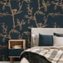 Gold Faux Tree Blossom Branch Silhouette with Birds Wallpaper Mural