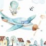 Watercolor Cartoon Village and Airplane Wallpaper Mural
