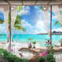 3D Look  Blue Sea Landscape with Old Arches and Palm Trees Wallpaper Mural