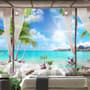 3D Look  Blue Sea Landscape with Old Arches and Palm Trees Wallpaper Mural