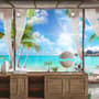 3D Look  Blue Sea Landscape with Old Arches and Palm Trees Wallpaper Mural