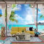 3D Look  Blue Sea Landscape with Old Arches and Palm Trees Wallpaper Mural