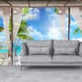 3D Look  Blue Sea Landscape with Old Arches and Palm Trees Wallpaper Mural
