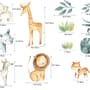 Kids Watercolor Safari Animals with Tropical Leaves Wall Decal Sticker