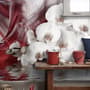 Swan and White Orchid with Red Smoke Pattern Wallpaper Mural
