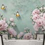 Vintage Pink Floral and Yellow Butterfly Wallpaper Mural